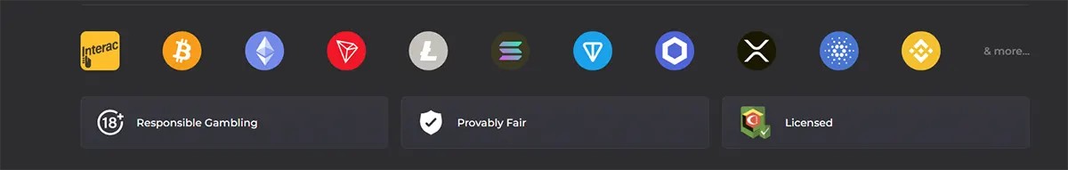 "Icons representing preferred payment methods and certifications at Rainbet casino, including cryptocurrencies like Bitcoin, Ethereum, and Litecoin, as well as traditional payment options like Interac, along with Responsible Gambling, Provably Fair, and Licensed certifications."