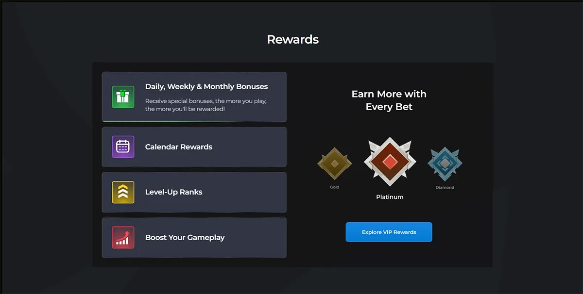 "Rainbet casino rewards section featuring Daily, Weekly &amp; Monthly Bonuses, Calendar Rewards, Level-Up Ranks, and Boost Your Gameplay options. The page also showcases VIP reward levels: Gold, Platinum, and Diamond with a button to explore VIP rewards."