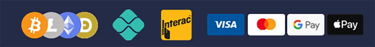 Payment methods row showing cryptocurrency icons, Interac, Visa, Mastercard, Google Pay, and Apple Pay on a dark blue background.