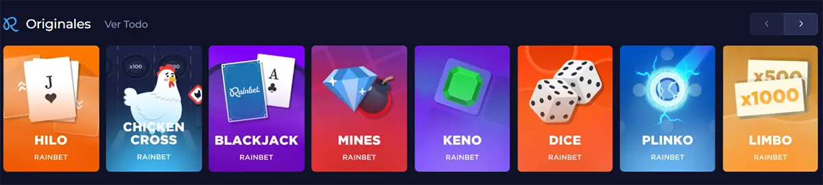 Rainbet originals game carousel featuring Hilo, Chicken Cross, Blackjack, Mines, Keno, Dice, Plinko, and Limbo cards on a dark casino interface.