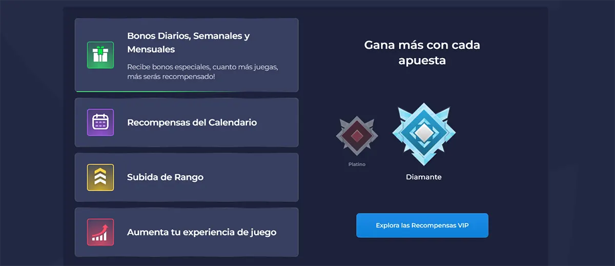 Spanish rewards section highlighting daily, weekly, and monthly bonuses, calendar rewards, rank progression, gameplay improvements, VIP tiers, and a blue call-to-action button on a dark interface.