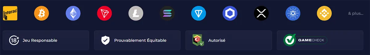 Payment methods and trust section showing Interac and multiple cryptocurrency icons, plus badges for responsible gaming, provably fair play, authorization, and GameCheck on a dark blue background.