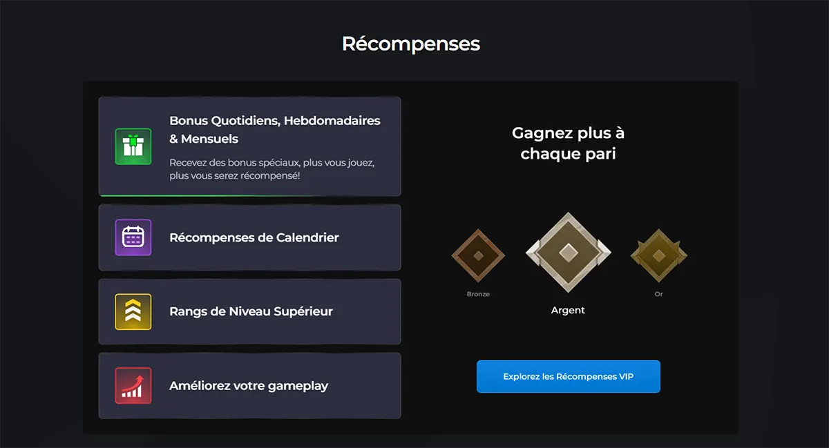 French rewards section featuring daily, weekly, and monthly bonuses, calendar rewards, rank progression, VIP tier badges, and a blue VIP rewards button on a dark interface.