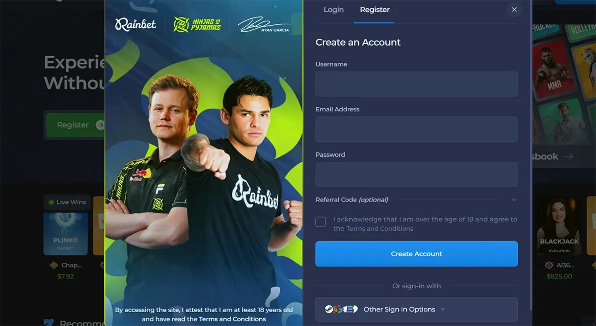 "Rainbet casino registration page featuring two Ninjas in Pyjamas players, with an account creation form for username, email, password, and referral code, along with a checkbox to confirm the terms and conditions."