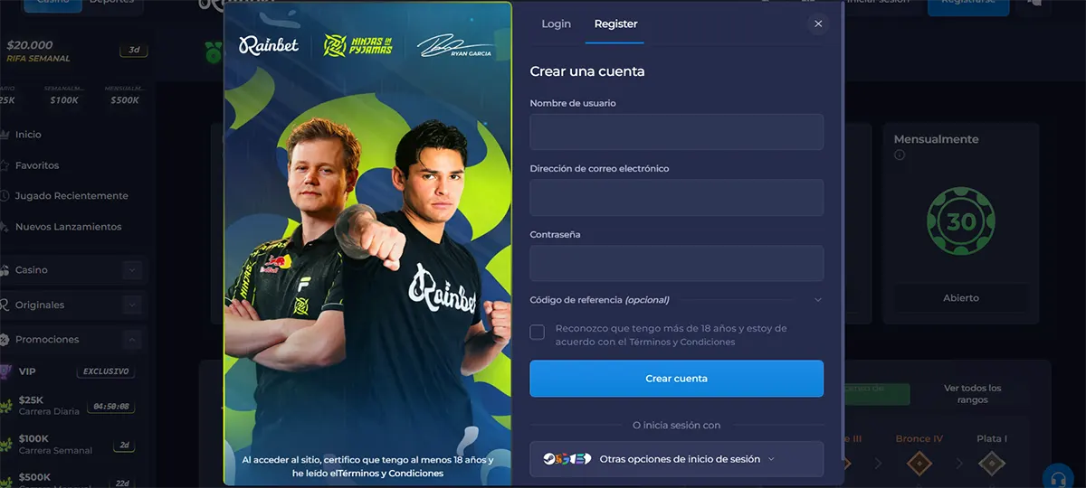 Rainbet registration popup in Spanish with username, email, password, and optional referral code fields, age confirmation checkbox, account creation button, social sign-in options, and esports player artwork on a dark casino interface.
