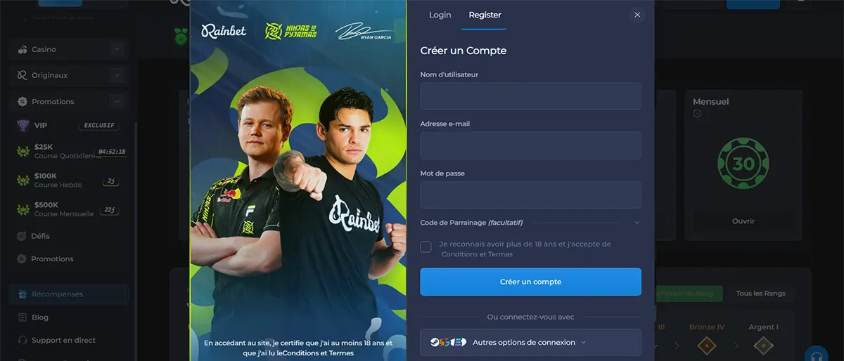 Rainbet registration popup in French with username, email, password, and optional referral code fields, age confirmation checkbox, account creation button, social sign-in options, and esports player artwork on a dark interface.
